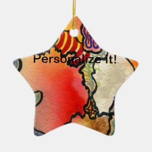 Abstract free form cells in multicolored star. ceramic tree decoration