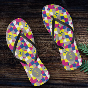 Abstract fuchsia yellow geometric pattern flip flops