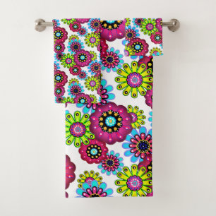 Abstract fun cartoon flowers floral kids scandinav bath towel set