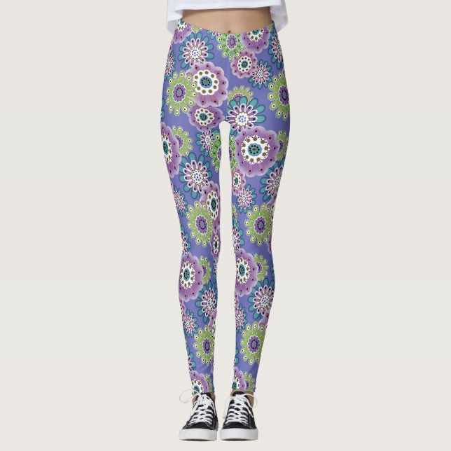 Abstract fun cartoon flowers floral kids scandinav leggings (Front)