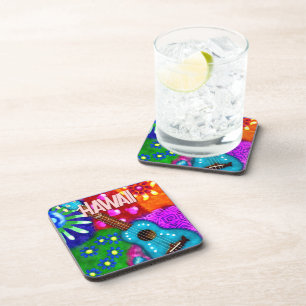 Abstract Funky Ukulele Floral Tropical Teal Purple Coaster