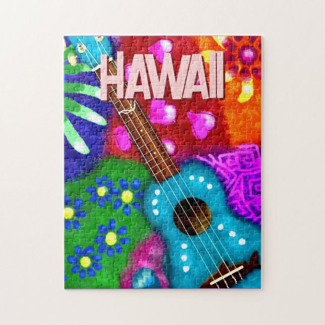Abstract Funky Ukulele Floral Tropical Teal Purple Jigsaw Puzzle (Vertical)