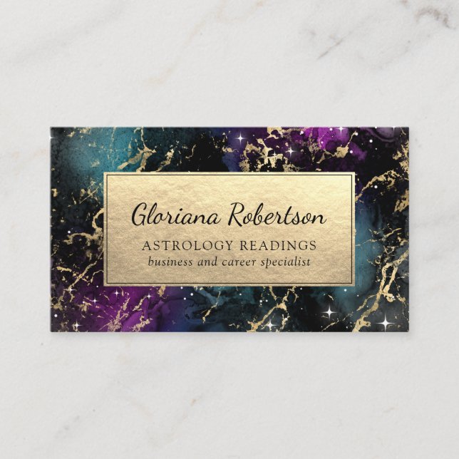 Abstract Galaxy Purple Teal Blue Gold Overlays Business Card (Front)