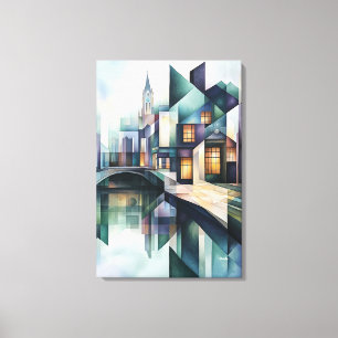 Abstract Geometric Amsterdam Skyline with Canal Canvas Print