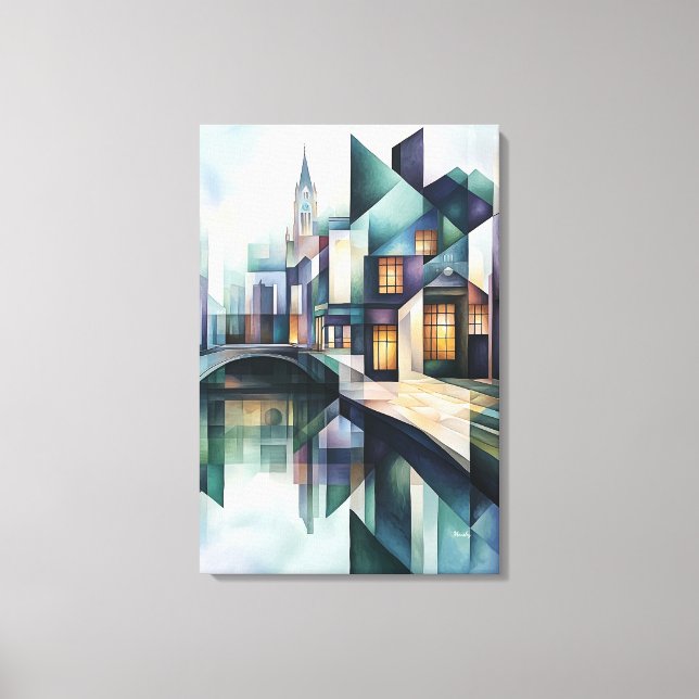 Abstract Geometric Amsterdam Skyline with Canal Canvas Print (Front)