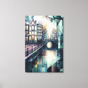 Abstract Geometric Amsterdam Skyline with Canal Canvas Print