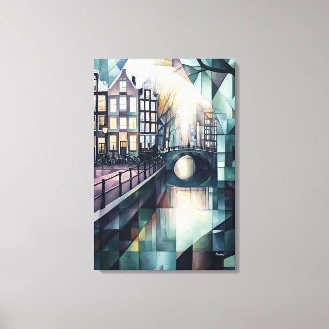 Abstract Geometric Amsterdam Skyline with Canal Canvas Print (Front)