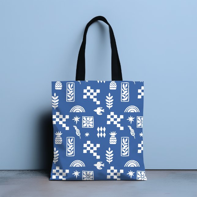 Abstract Geometric Bird Floral Blue Girly Chic Tote Bag (Creator Uploaded)