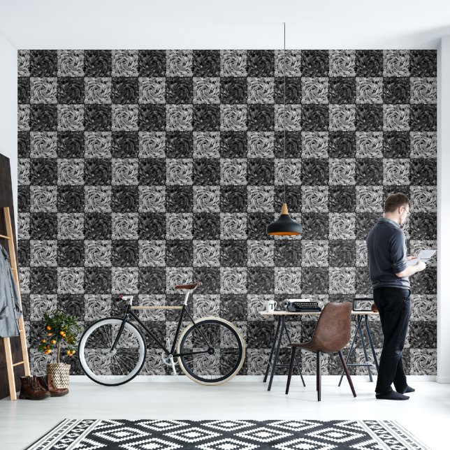Abstract Geometric Black and Grey Chequerboard  Wallpaper (Living Room)