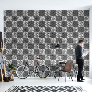 Abstract Geometric Black and White Chequerboard Wallpaper