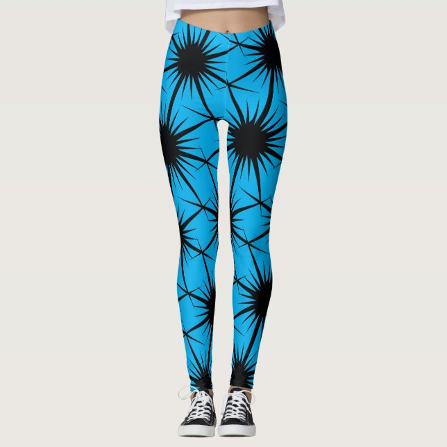  Abstract Geometric Black Blue Pricky Cactus Thorn Leggings (Front)
