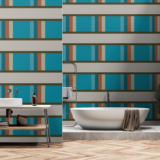 Abstract Geometric Blue Aqua Brown Grey Stripes Wallpaper (Bathroom)