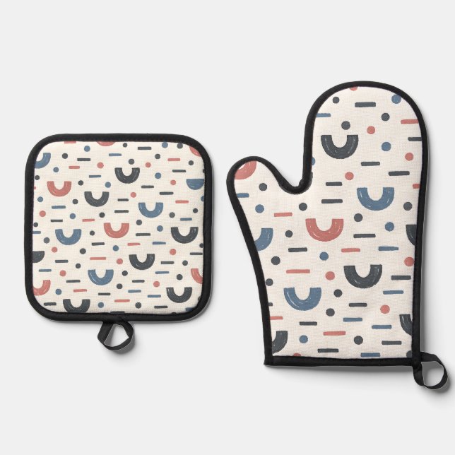 Abstract Geometric Boho Pattern Oven Mitt & Pot Holder Set (Front)
