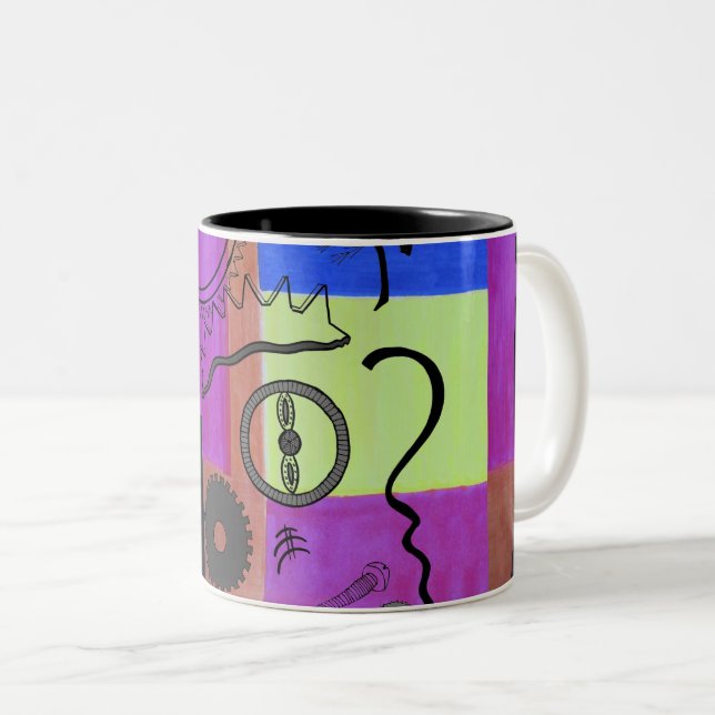 Abstract Geometric Bright Blue Pink Gear Two-Tone Coffee Mug (Front Right)