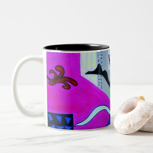 Abstract Geometric Bright Blue Pink Shapes Two-Tone Coffee Mug (With Donut)