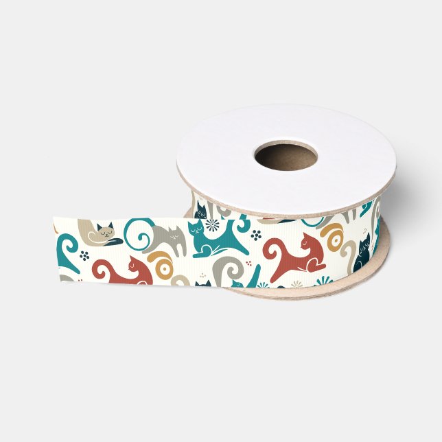 Abstract Geometric Cat Pattern Grosgrain Ribbon (Spool)