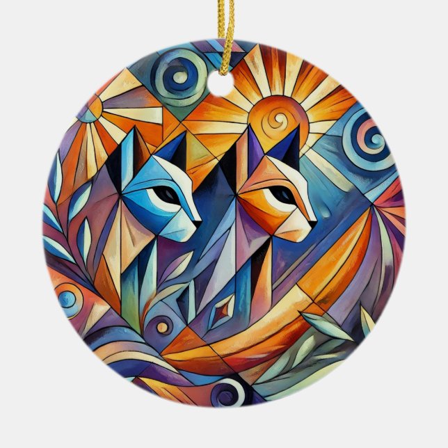 Abstract Geometric Cats with Vibrant Colours Ceramic Tree Decoration (Front)