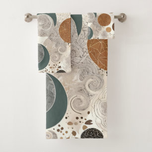 Abstract Geometric Circle Pattern Neutral Boho Bath Towel Set