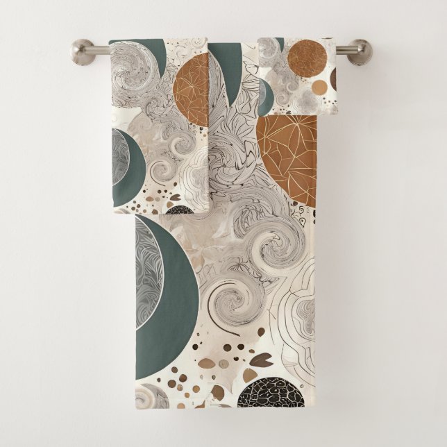 Abstract Geometric Circle Pattern Neutral Boho Bath Towel Set (Insitu)