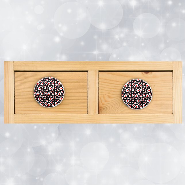 Abstract Geometric Cool Red White Circles Ceramic Knob (Bright geometric abstract circles in red and white on black drawer knob pulls.)