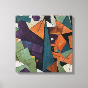 Abstract Geometric Cubist Oil Painting Orange,Gree Canvas Print