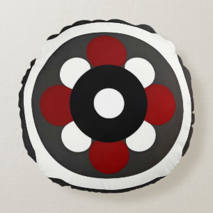 Abstract Geometric Design with Red, Black White Round Cushion