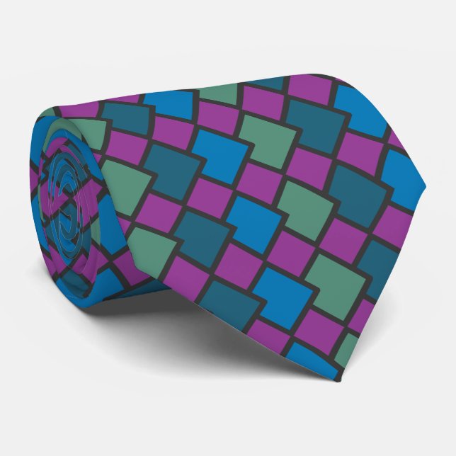 Abstract Geometric Diamond Shape Purple Blue Green Tie (Rolled)