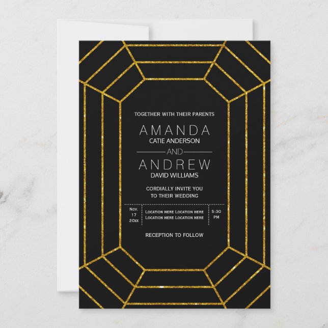 Abstract geometric gold glitter diamond wedding invitation (Front)