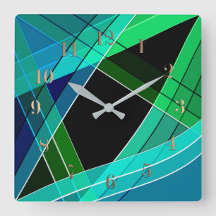 Abstract, geometric , green , blue , black square wall clock
