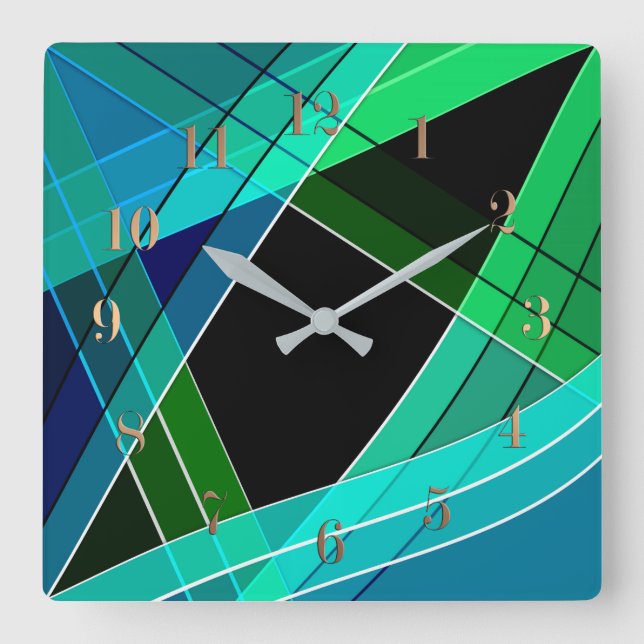 Abstract, geometric , green , blue , black square wall clock (Front)