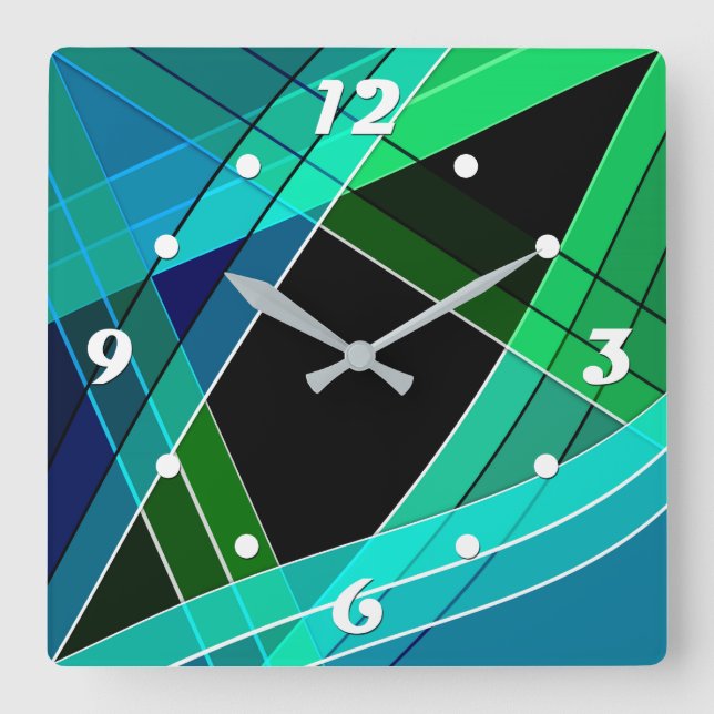 Abstract, geometric , green , blue , black square wall clock (Front)