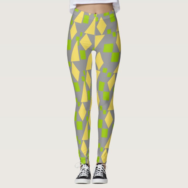 Abstract Geometric Green Yellow Pattern on Grey Leggings (Front)
