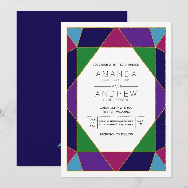 Abstract geometric jewel gemstone wedding invitation (Front/Back)