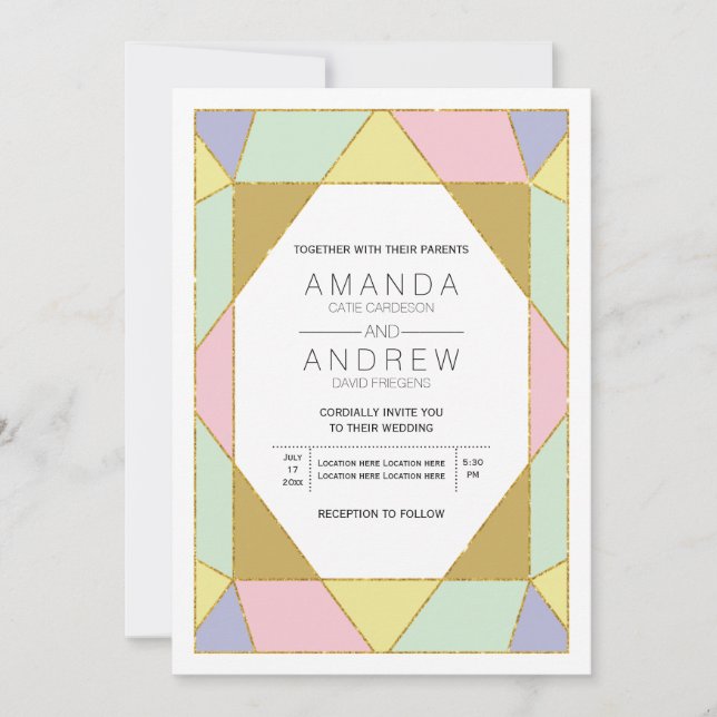 Abstract geometric jewel pink mint modern wedding invitation (Front)