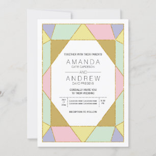 Abstract geometric jewel pink mint modern wedding invitation
