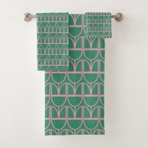 Abstract Geometric Line Art in Pink and Green Bath Towel Set