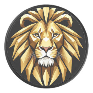 Abstract Geometric Lion Art with Intense Gold Tone Hockey Puck