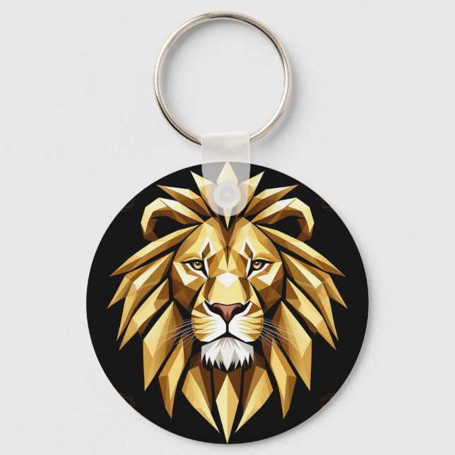 Abstract Geometric Lion Art with Intense Gold Tone Key Ring (Front)