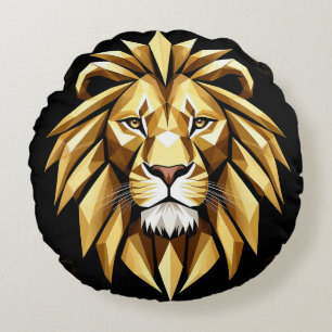 Abstract Geometric Lion Art with Intense Gold Tone Round Cushion