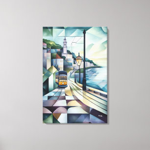 Abstract Geometric Lisbon Skyline with Tram Canvas Print