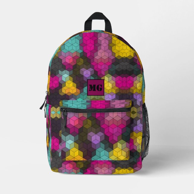 Abstract geometric modern hexagon shapes mosaic  printed backpack (Front)