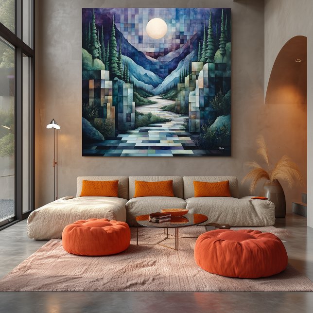 Abstract Geometric Moonlit Valley with River Canvas Print (Creator Uploaded)