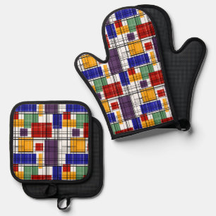 Abstract, geometric , multicolored oven mitt & pot holder set