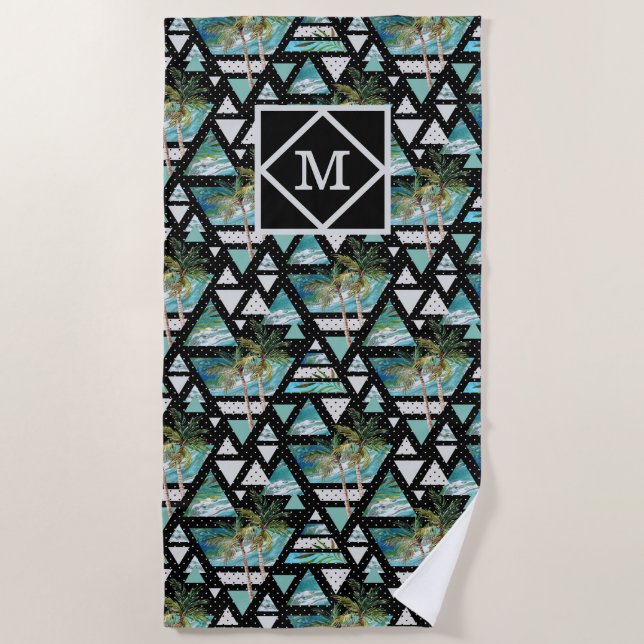 Abstract Geometric Palms & Waves Pattern Beach Towel (Front)