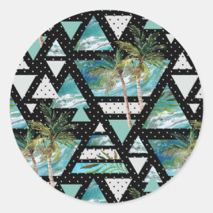 Abstract Geometric Palms & Waves Pattern Classic Round Sticker
