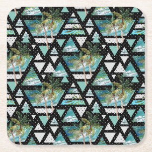 Abstract Geometric Palms & Waves Pattern Square Paper Coaster