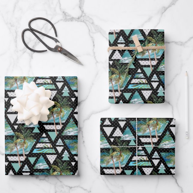 Abstract Geometric Palms & Waves Pattern Wrapping Paper Sheet (Front)