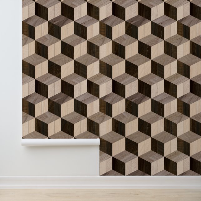 Abstract Geometric Parquet Wooden Cube Pattern Wallpaper (Application)