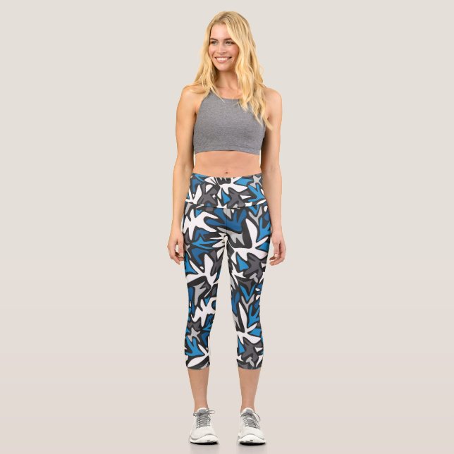 abstract, geometric, pattern, black and blue throw capri leggings (Front)