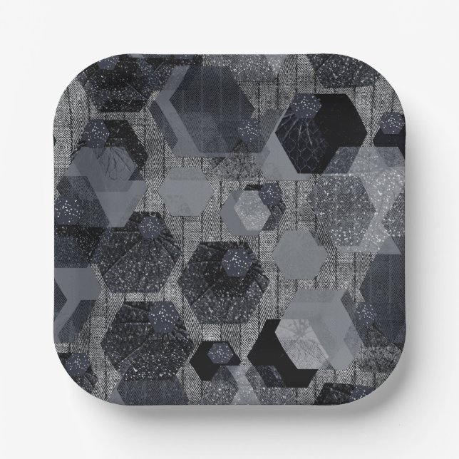 Abstract geometric pattern, black and grey .  paper plate (Front)